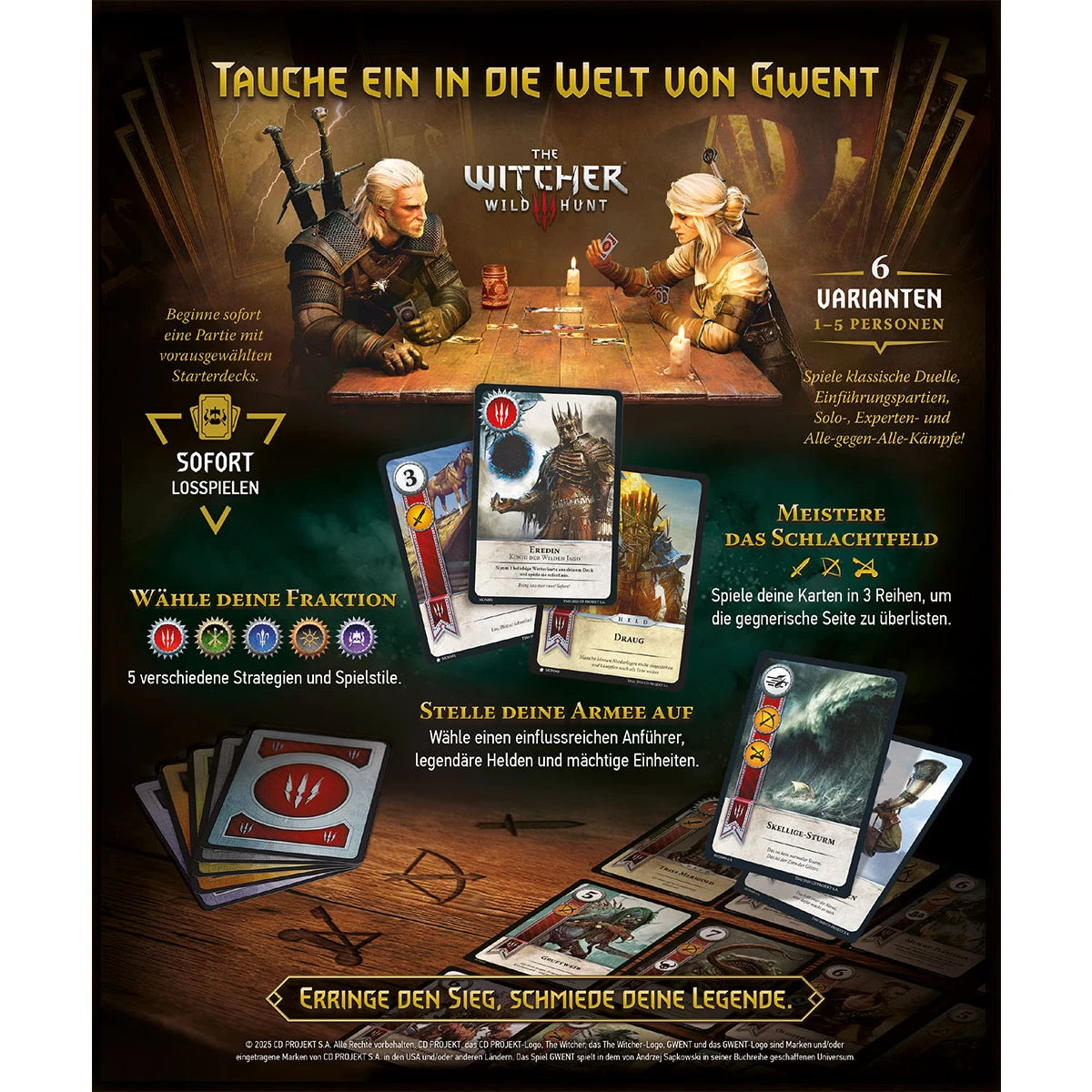 Rückseite der Gwent Kartenspiel Box mit Spielinformationen und Inhalt